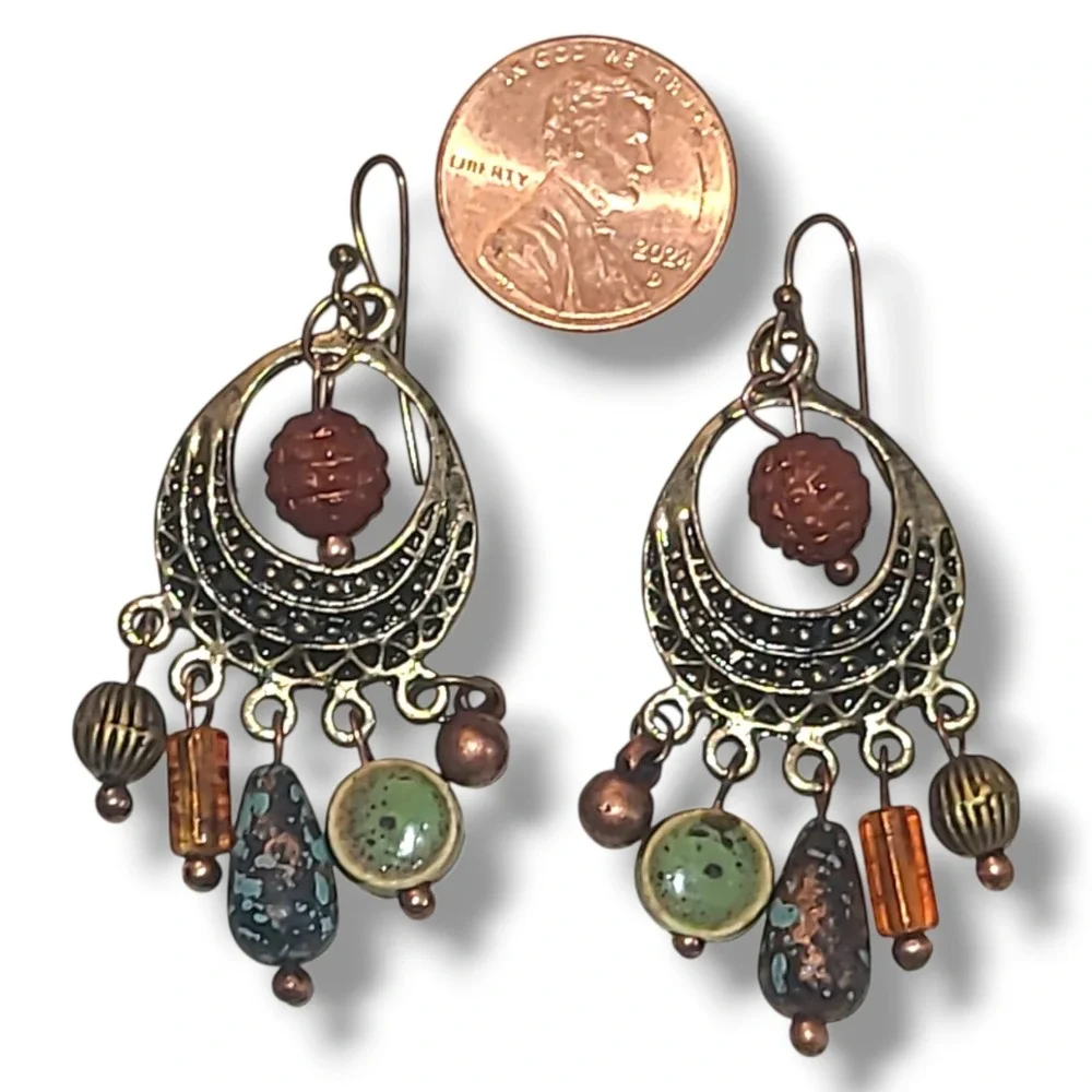 Gold Tone Boho Dangle Earrings Beaded Tribal Festival Artisan Style - Picture 3 of 3
